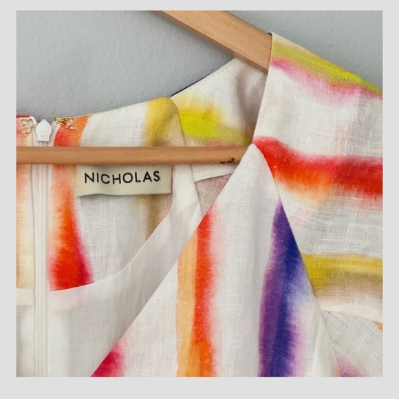 Nicholas The Label Linen Dress Shaanti Mini Rainbow Vibrant Puff Sleeve Belted - Picture 8 of 16